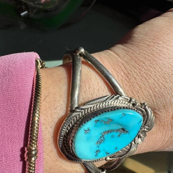 Vintage Navajo Signed MB Sterling Silver and Turquoise cuff Bracelet